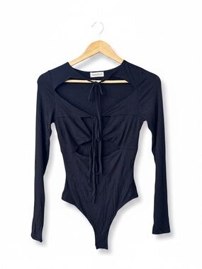Long-Sleeve Ribbed Black One-Piece Bodysuit for Women